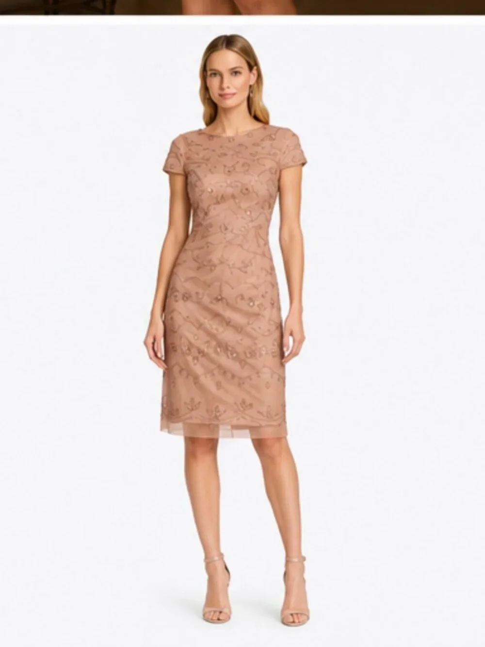Adrianna Papell Boat-Neck Beaded Midi Dress Rose Gold Size 8 NWT
